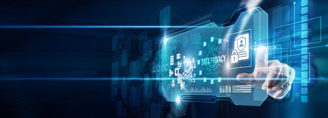 Auditor hand touching data privacy compliance regulations, encryption, personal rights security...