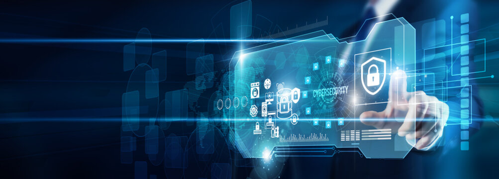 The specialist's hand is touching cybersecurity protection data encryption firewalls, intrusion detection defense networks resilience innovation trust global safety transformation growth.