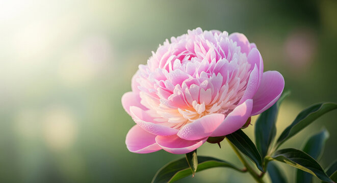 Detailed close-up of a soft pink peony flower blooming with natural green background