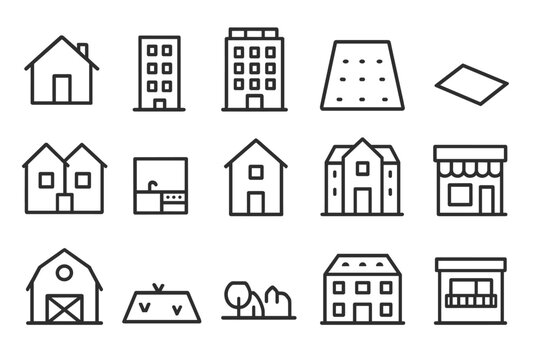 Real Estate Icons. Line style icons of real estate listings: house icon, apartment icon, condo building, land lot, duplex icon,