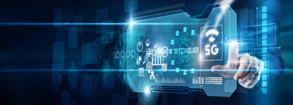 An engineer's hand touching 5G wireless data with high-speed connectivity and low latency. IoT integration networks innovation scalability transformation global communication solutions growth.