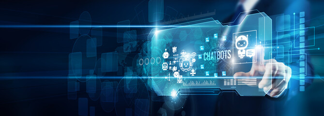 Specialist hand touching chatbots' communication data, automation, natural language, AI-powered...