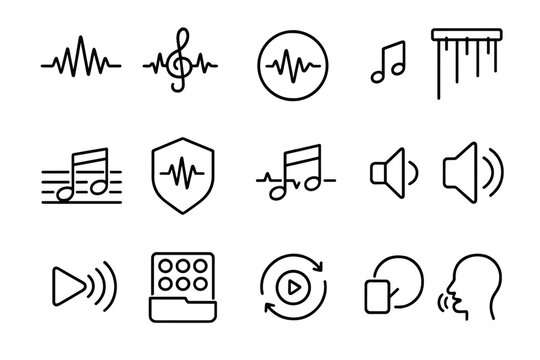 Audio Branding Icons. Line style icons of audio branding: sonic logo, sound signature, audio watermark, intro chime, brand jingle,