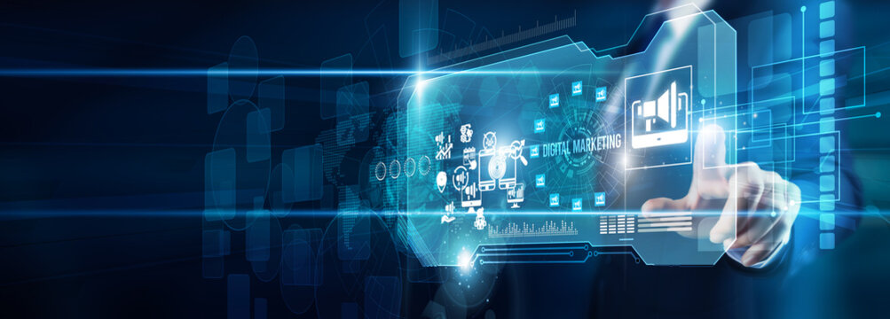 The marketer's hand is touching digital marketing data advertising branding analytics, SEO social media engagement automation innovation transformation global strategy, and growth.