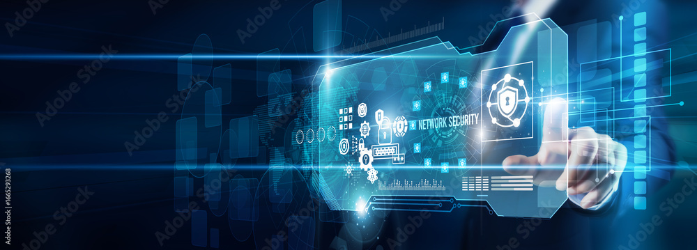 Poster specialist hand touching network security data protection authentication encryption, cyber defense c