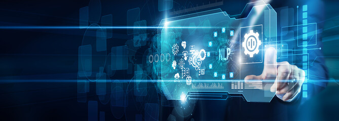 The researcher's hand is touching NLP language data semantics algorithms automation, speech recognition sentiment analysis translation innovation AI transformation, and communication solutions.