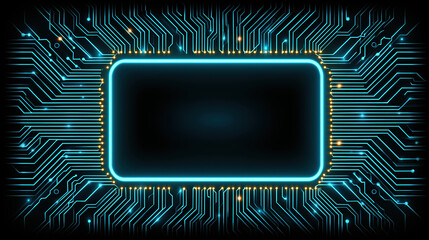 Abstract Futuristic Technology Background with Blue Neon Frame and Digital HUD Interface &ndash; Circuit Board Design and Cyber Tech Light Portal Vector Illustration