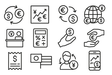 Currency Exchange Icons. Line style icons of currency and exchange: currency exchange icon, forex graph, conversion rate, global