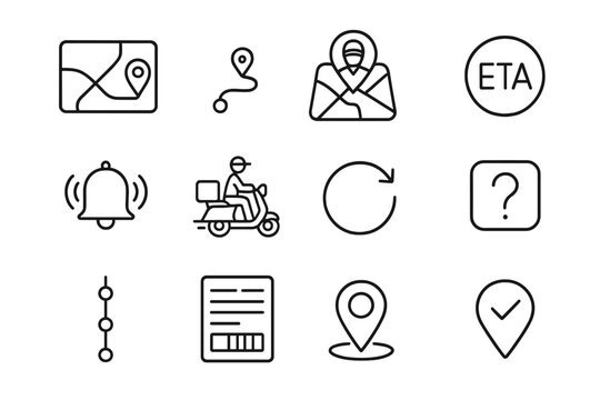 Delivery Tracking Icons. Line style icons of app-based delivery tracking: live map, delivery path, courier icon on map, ETA badge,