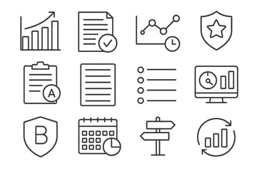 Learning Analytics Icons. Line style icons of learning analytics: progress chart, quiz score icon, time spent graph, topic mastery