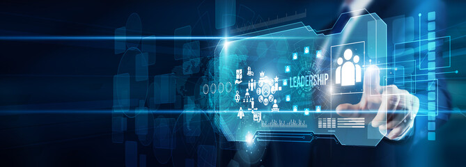 Executive hand touching leadership strategy data decision-making, vision influence motivation team...