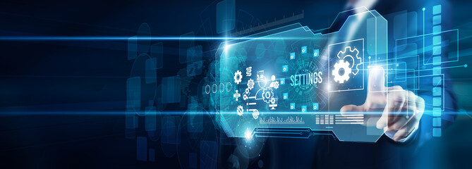 Administrator hand touching system settings configuration data access, preferences security customization automation monitoring innovation transformation global control, and optimization.