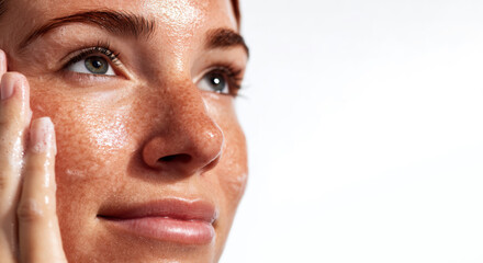 Fototapeta premium Close-up of a young woman’s freckled face with glowing skin as she applies skincare product. Concept of beauty, skin health, self-care, and natural radiance.
