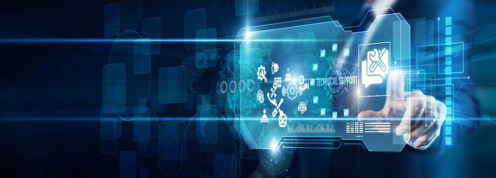 A technician's hand touching technical support data troubleshooting diagnostics, remote assistance ticket resolution system automation innovation transformation global efficiency performance.