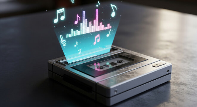 Holographic music equalizer and notes projecting from a vintage cassette player - Powered by Adobe
