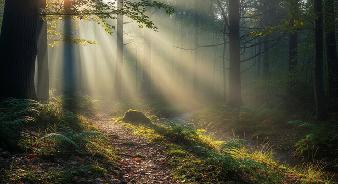 Sunlight rays filtering through mist and trees onto a forest floor path - Powered by Adobe