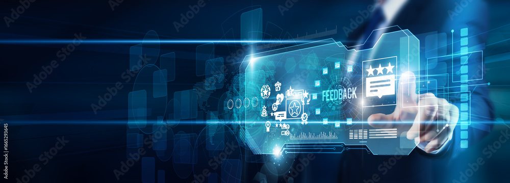 Poster an analyst's hand touching feedback data customer insights, responses evaluation satisfaction improv