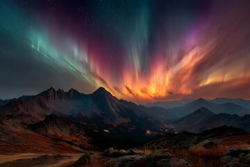 Naklejka premium Beautiful aurora borealis over mountain peaks high resolution image