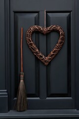 rustic wicker heart wreath with broom on dark door