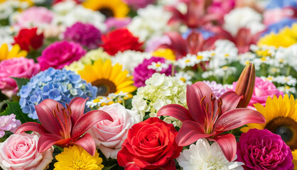 Vibrant close-up floral background of mixed colorful garden flowers