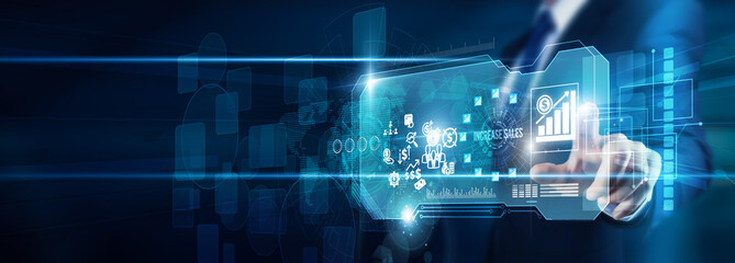 Sales strategist hand touching increase sales data conversion optimization CRM, marketing campaigns...