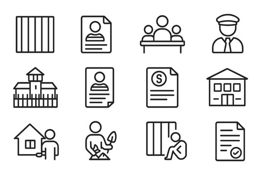 Penal System Icons. Line style icons of penal system: prison bars icon, inmate file, parole hearing icon, probation officer icon,