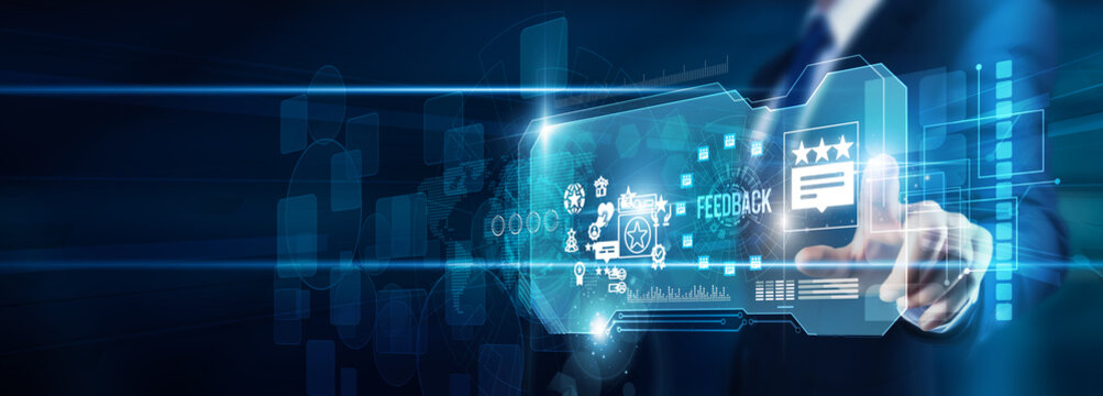 An analyst's hand touching feedback data customer insights, responses evaluation satisfaction improvement engagement performance communication automation innovation transformation global quality.