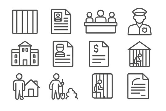 Penal System Icons. Line style icons of penal system: prison bars icon, inmate file, parole hearing icon, probation officer icon,