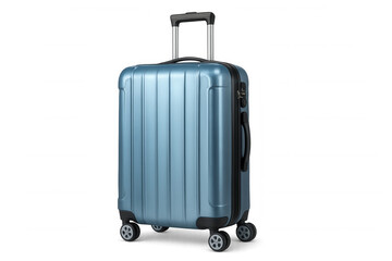 Studio shot of a blue suitcase with extended handle, isolated on a transparent background, ready for travel
