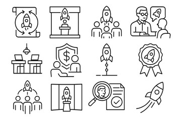 Startup Accelerator Icons. Line style icons of startup accelerators: accelerator program icon, demo day stage, startup cohort icon
