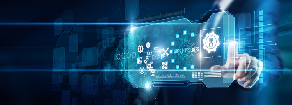 Project coordinator hand touching work-in-progress data tracking, timelines, tasks productivity collaboration automation reporting visibility workflow innovation transformation efficiency.