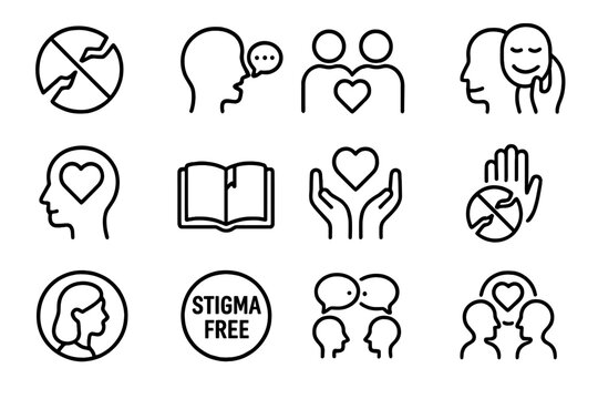 Mental Health Iconography. Line style icons of mental health stigma awareness: broken stigma icon, speak up icon, not alone icon,