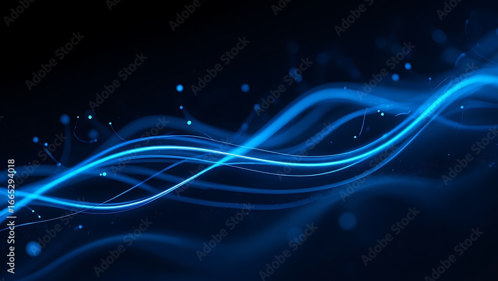 Poster abstract blue light streaks flowing waves with data particles on dark background for technology and 