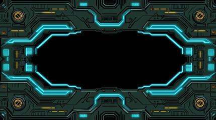 Abstract Futuristic Technology Background with Blue Neon Frame and Digital HUD Interface &ndash; Circuit Board Design and Cyber Tech Light Portal Vector Illustration