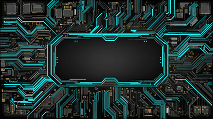 Abstract Futuristic Technology Background with Blue Neon Frame and Digital HUD Interface &ndash; Circuit Board Design and Cyber Tech Light Portal Vector Illustration