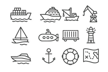 Sea Transport Icons. Line style icons of sea transport: cargo ship icon, cruise ship icon, fishing boat, sailboat icon, submarine