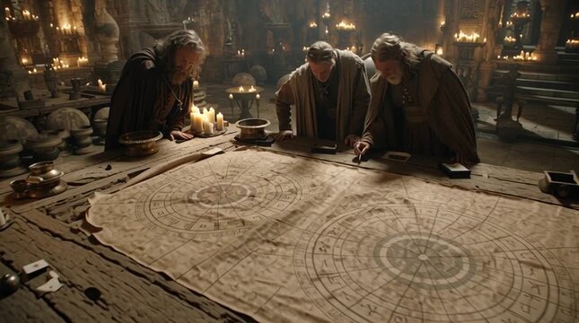 Candlelit interior of an ancient observatory where three wise Magi study a weathered star chart and scrolls on a massive wooden table. Warm light, deep shadows, and sacred knowledge create a timeless,