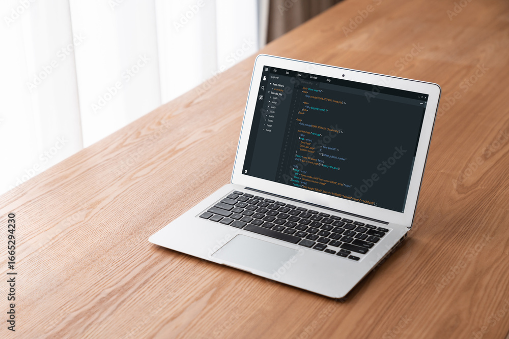 Poster software development programming on computer screen for modish application and program coding