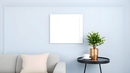 Classic interior design of modern living room, home. Grey sofa and black side table near teal wainscoting wall with blank mock up poster frame with copy space.