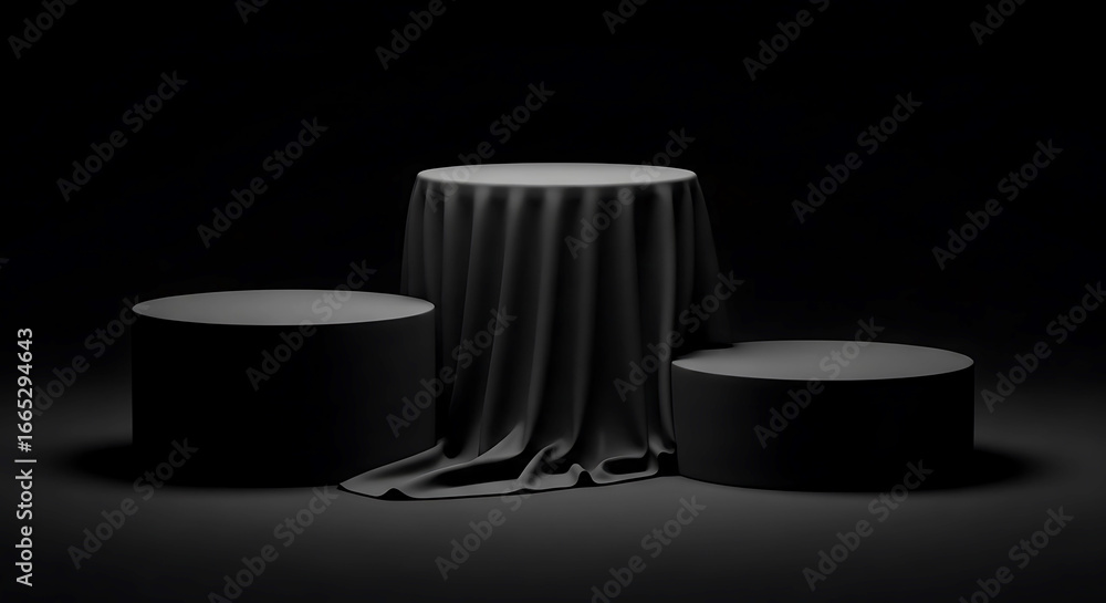 Poster dramatic dark studio scene with three pedestals, one draped in fabric, creating a mysterious and sop