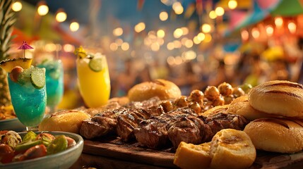 Delicious barbecue party with grilled meat cocktails and bread for summer celebration food and drink feast