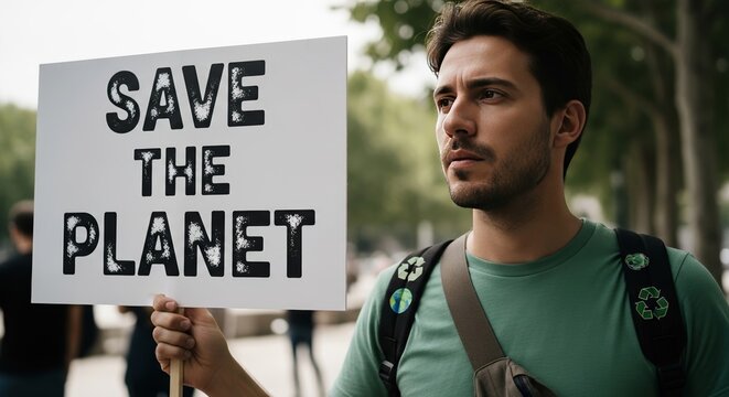 A concerned individual passionately advocates for environmental protection, holding a sign that reflects their commitment to a sustainable future.