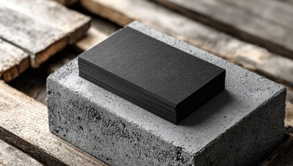 Black business cards on grey block, wooden planks