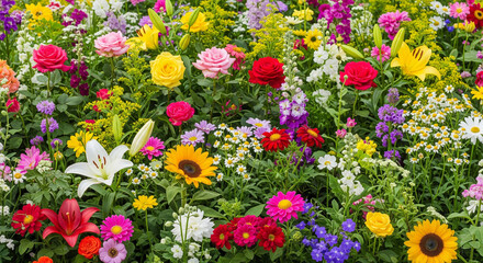 Close-up of a field of various colorful wildflowers, natural background
