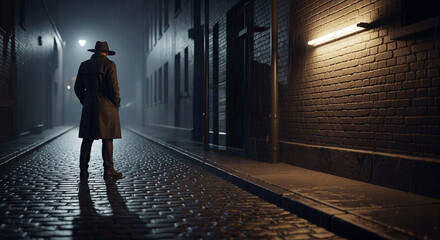 Person walking down a dark, wet urban alley at night
