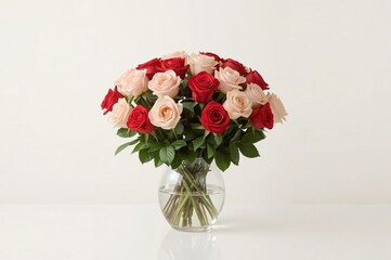 Fototapeta premium Red and pink roses bouquet, glass vase, white background, romantic gift