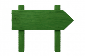 Wooden green directional arrow pointing rightward, transparent background showcasing navigational guidance with clean, minimalist design