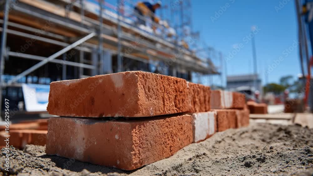 Poster close-up of rough red clay bricks at a construction site with blurred scaffolding in the background.