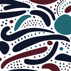Abstract doodle style seamless pattern, thick bold strokes in multiple solid colors (black, navy, teal, maroon), continuous curved shapes and dots, modern vector line art, high visibility 2