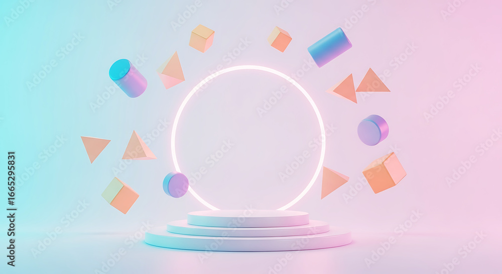 Poster futuristic display stage with a glowing neon ring and floating geometric shapes in pastel gradient c